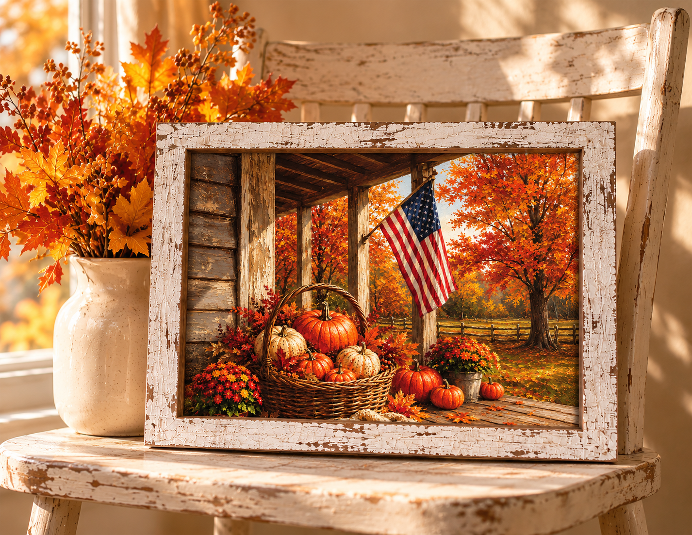 Patriotic fall wall sign of an American flag on a country porch with a basket of pumpkins and autumn maples in a 13.75 x 17.75 inch distressed white frame