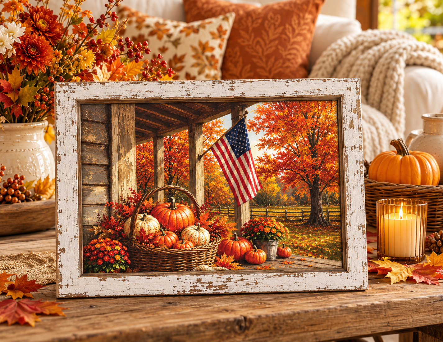 Patriotic fall wall sign of an American flag on a country porch with a basket of pumpkins and autumn maples in a 13.75 x 17.75 inch distressed white frame