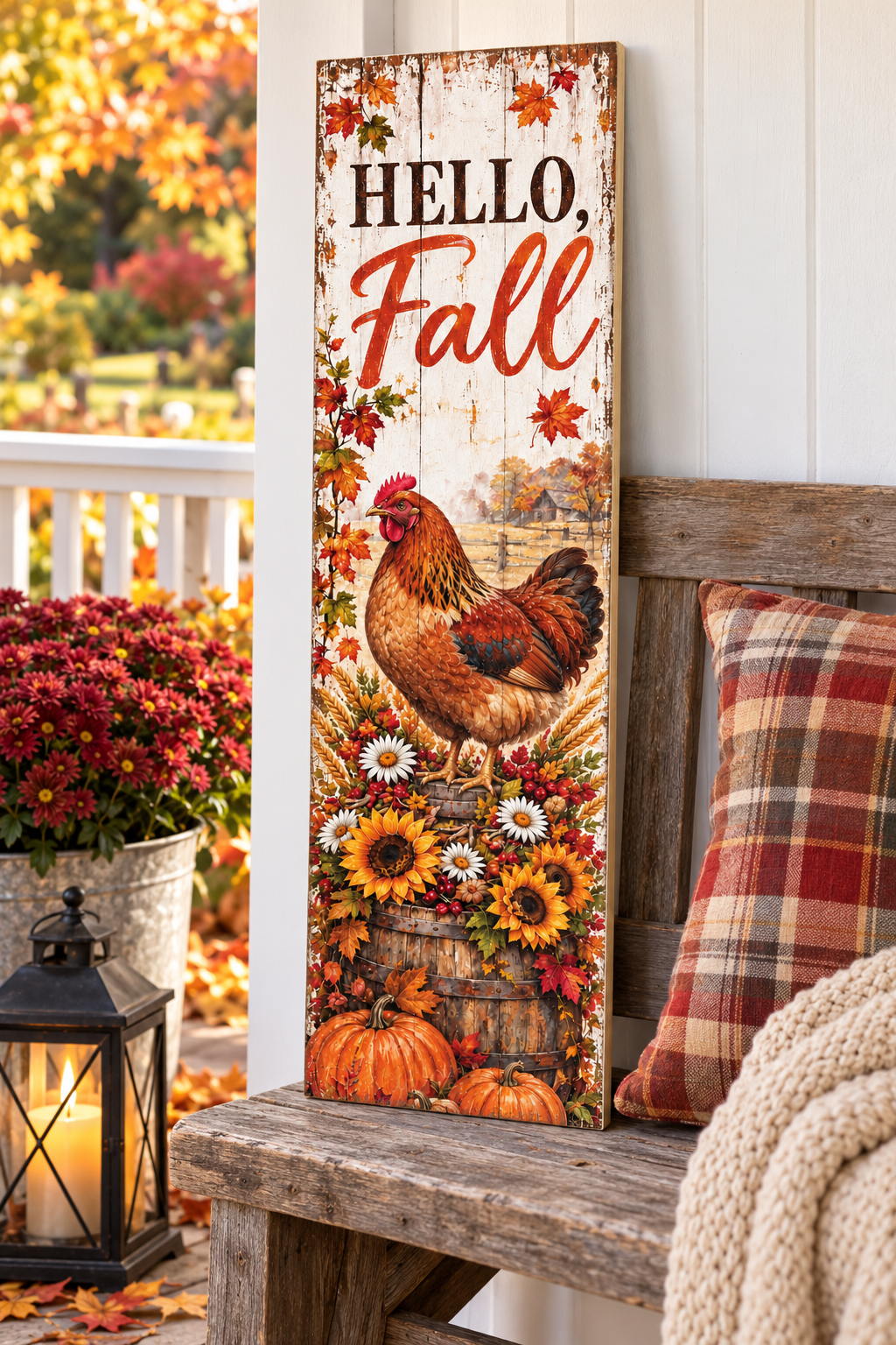 Vertical Hello Fall pallet wood sign with a russet hen on a sunflower barrel and pumpkins, 7.25 x 24 inches