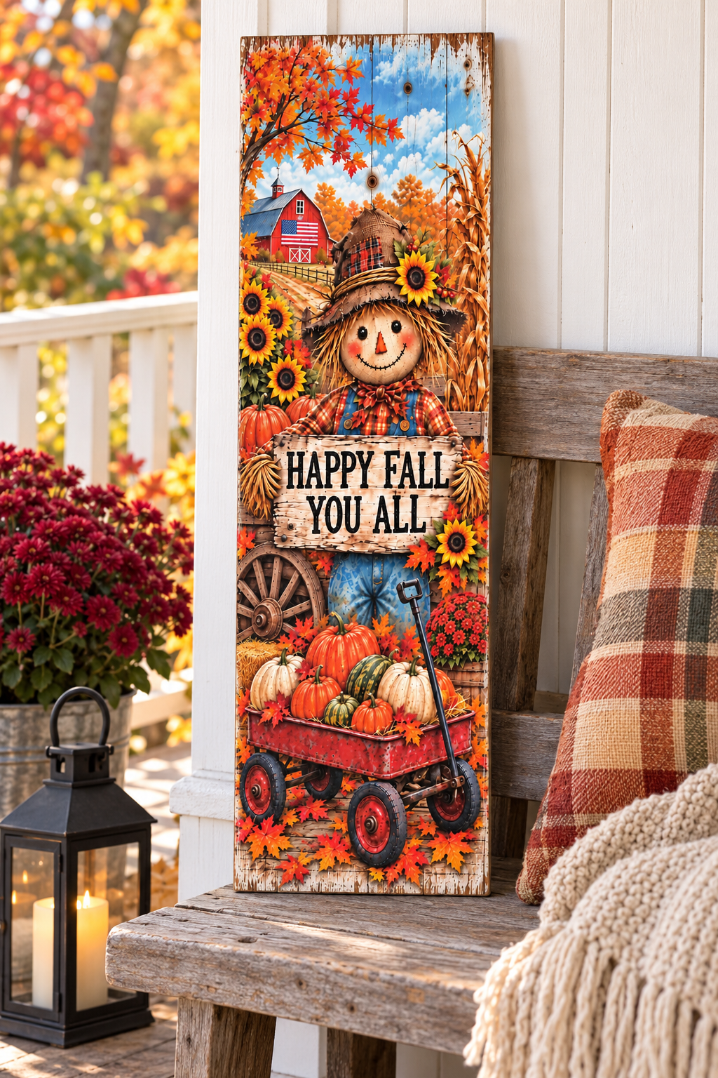 Vertical Happy Fall You All scarecrow pallet wood sign with a red wagon of pumpkins, sunflowers, and a red barn, 7.25 x 24 inches
