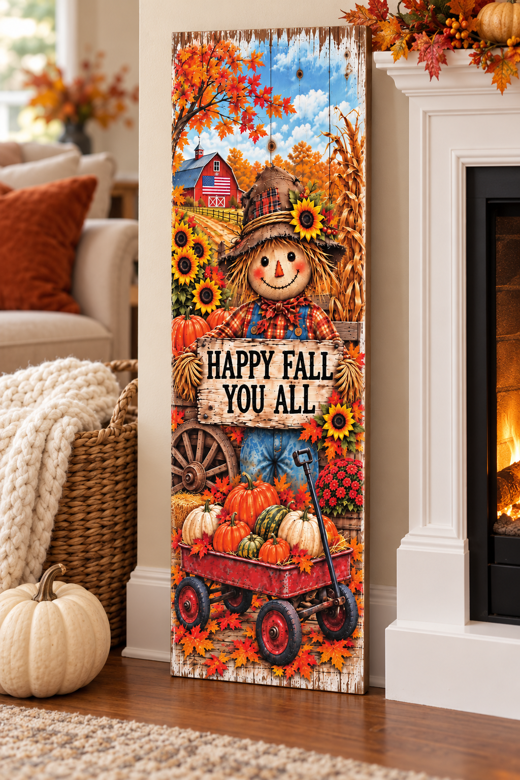 Vertical Happy Fall You All scarecrow pallet wood sign with a red wagon of pumpkins, sunflowers, and a red barn, 7.25 x 24 inches