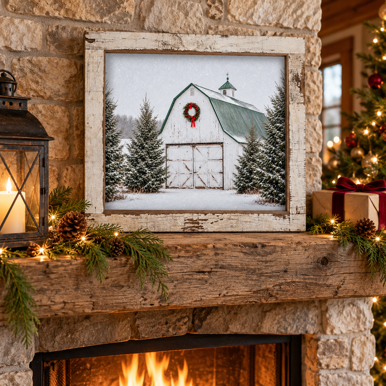 White Barn Christmas Wall Sign - Red-Bow Wreath & Snowy Spruce, 16 x 16" Distressed White Frame