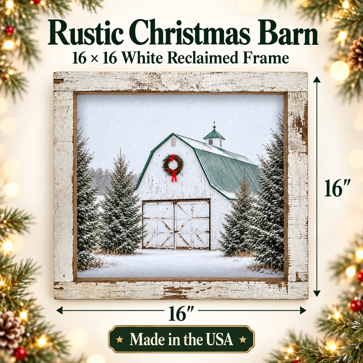 White Barn Christmas Wall Sign - Red-Bow Wreath & Snowy Spruce, 16 x 16" Distressed White Frame