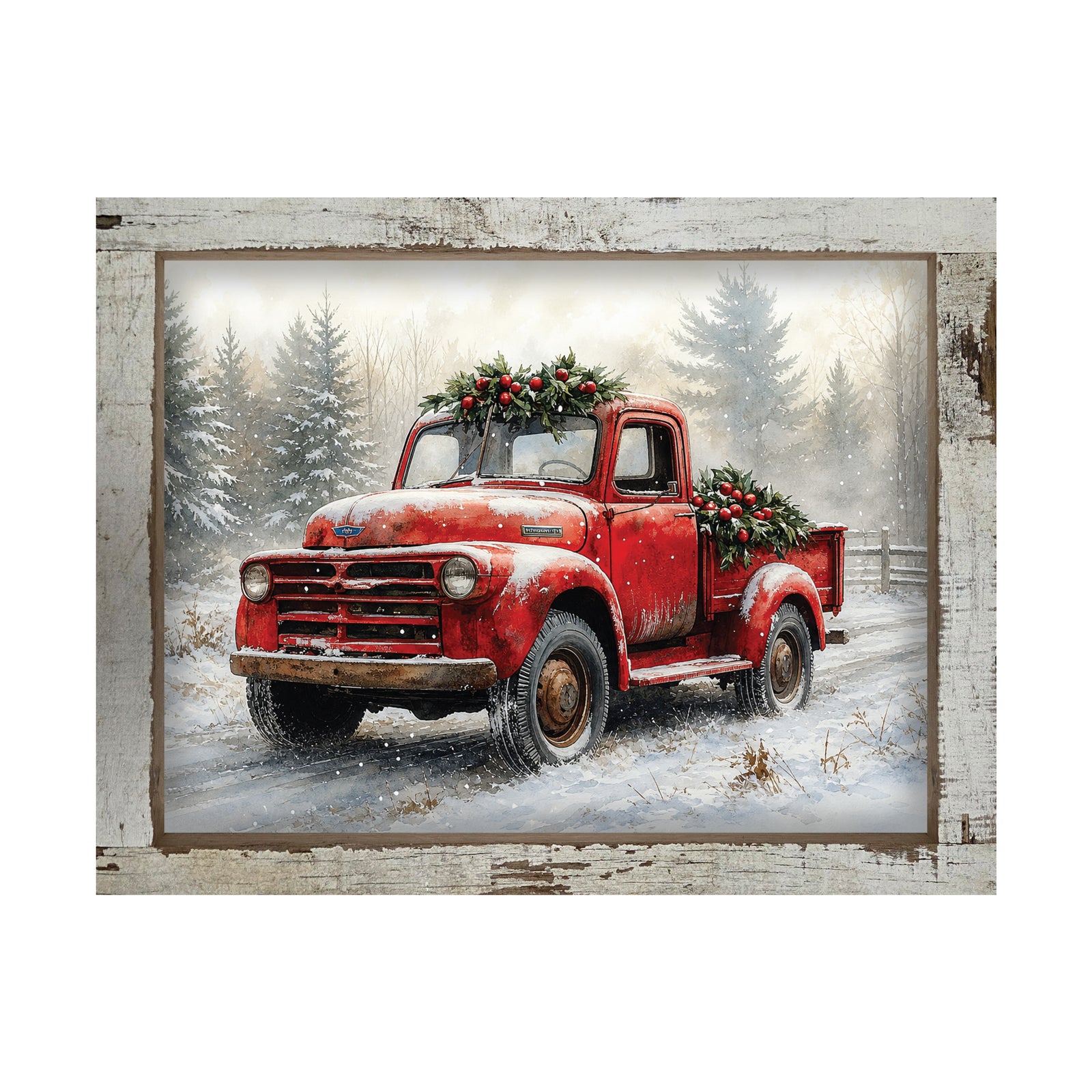 Vintage Red Truck Christmas Wall Sign - Holly & Snowy Pines, Distressed White Frame