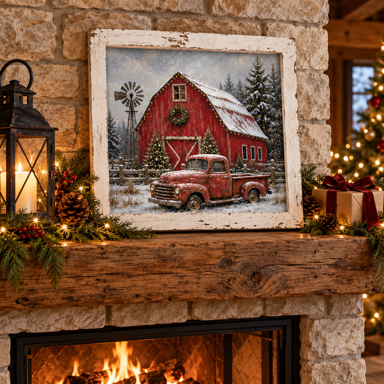 Red Truck & Red Barn Christmas Wall Sign - Wreath, Windmill & Snow, 16 x 16" Distressed White Frame