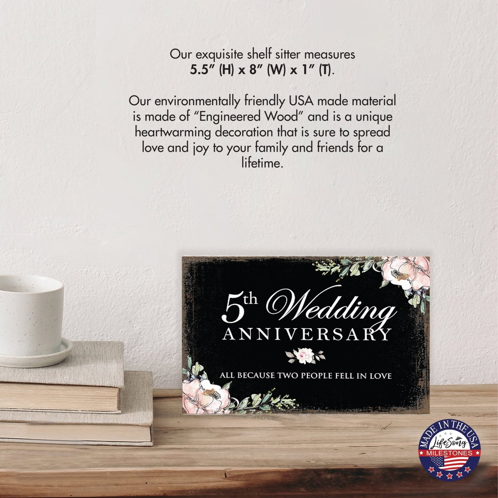 5th Wedding Anniversary Unique Shelf Decor and Tabletop Signs Gifts for Couples - Fell In Love - LifeSong Milestones