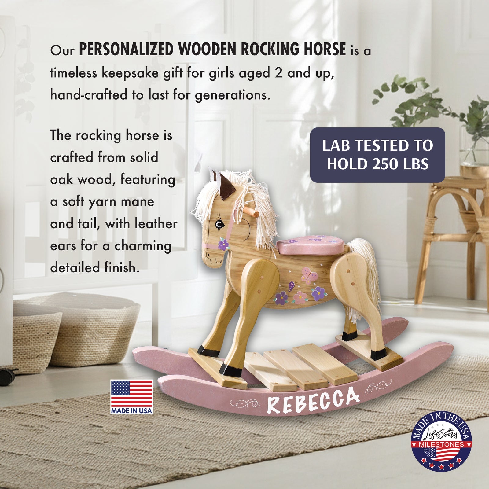Personalized wooden rocking horse in nursery with 250 lb capacity badge