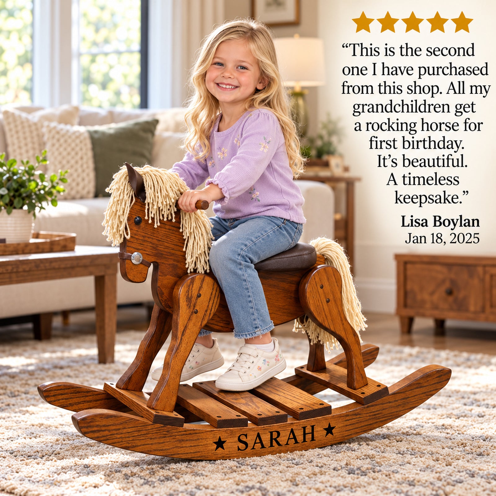 Personalized Wooden Rocking Horse – Custom Engraved Oak Toddler Gift With Leather Seat