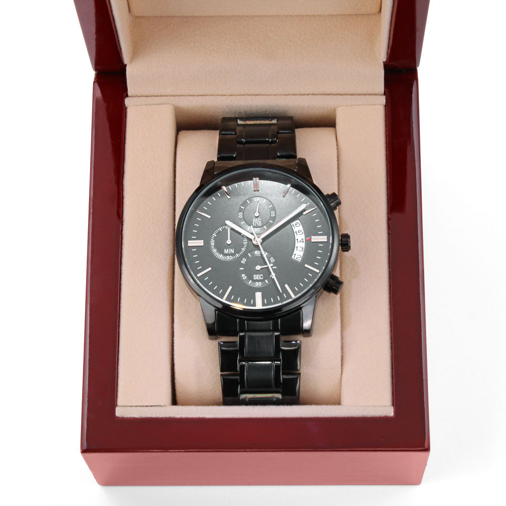Personalized Black Chronograph Watch – Engraved Anniversary Gift for Husband or Father