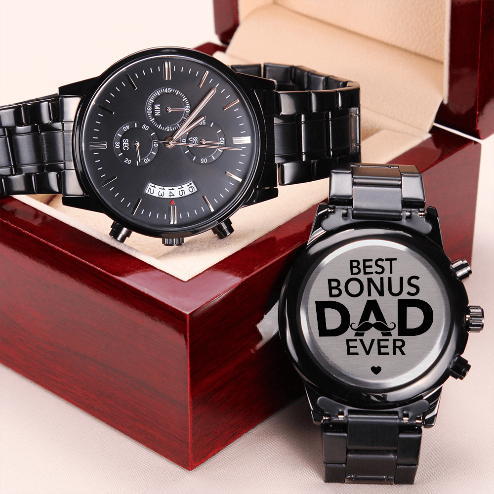 'Best Bonus Dad' Custom Watch – Engraved Chronograph Gift for Stepdad Who Stepped Up - LifeSong Milestones