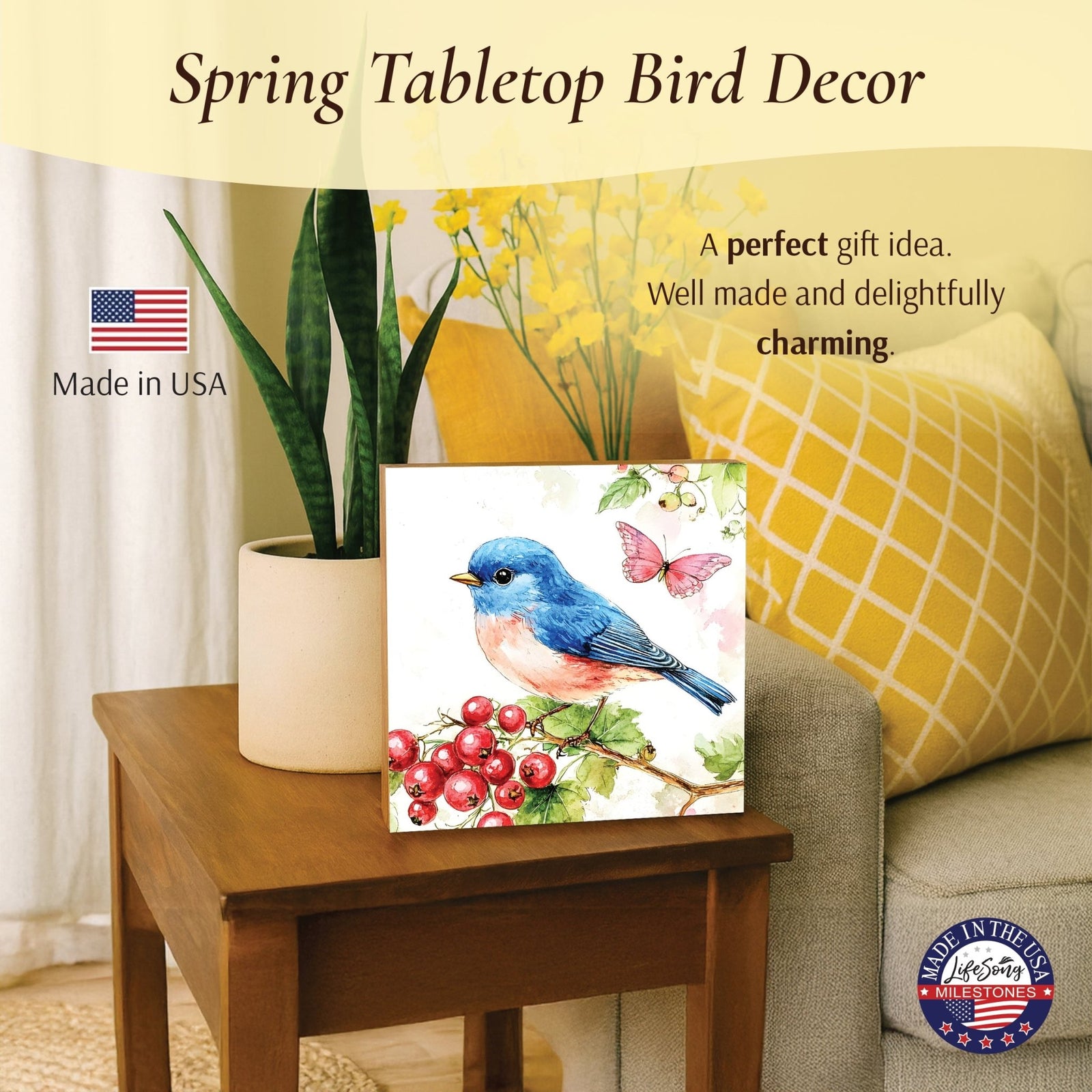 Bird Shelf Sitter for Tiered Tray — 5x5 Square Spring Wood Décor | 8 Nature Designs - LifeSong Milestones