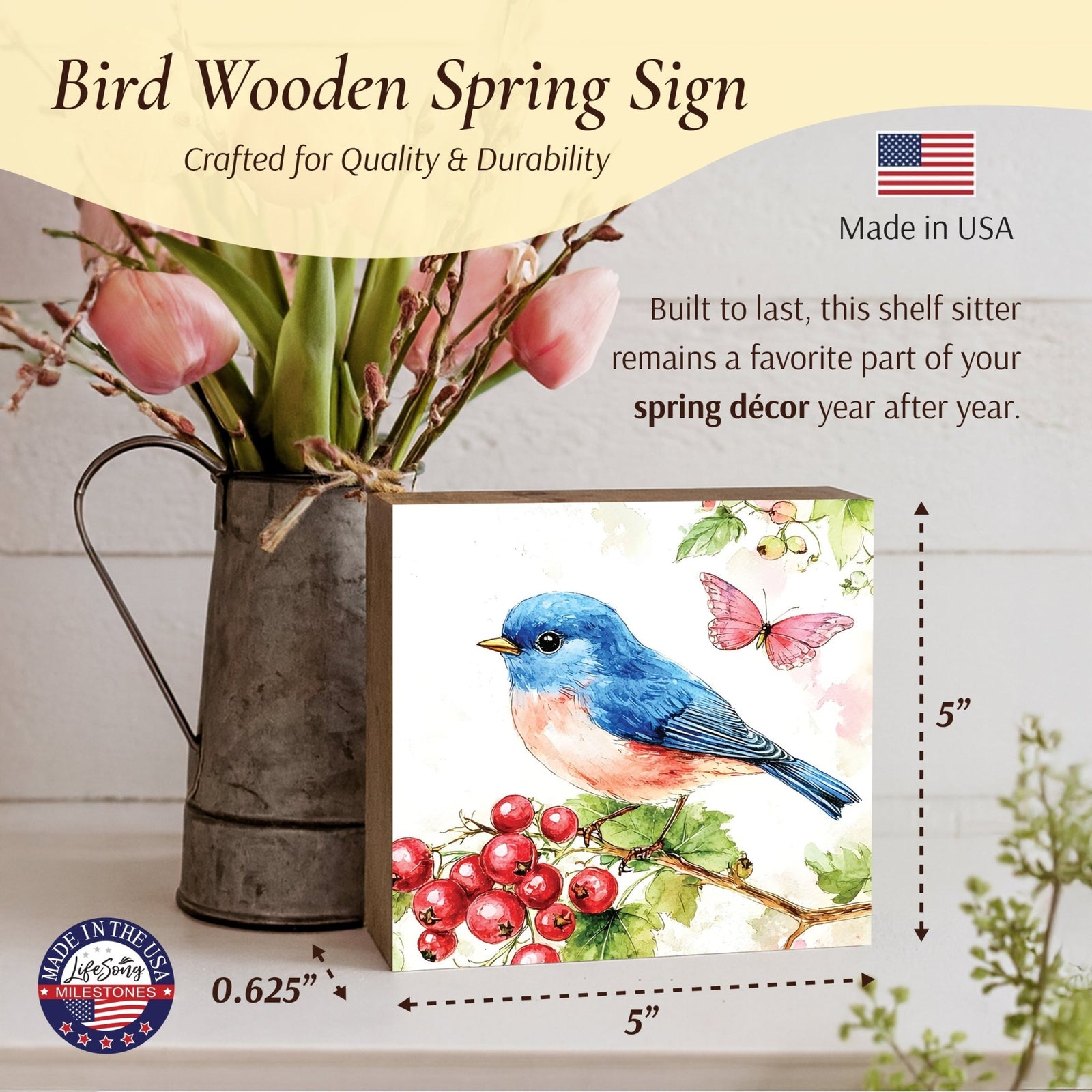 Bird Shelf Sitter for Tiered Tray — 5x5 Square Spring Wood Décor | 8 Nature Designs - LifeSong Milestones
