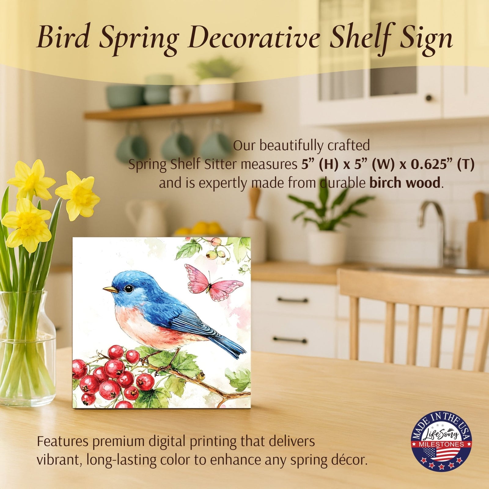 Bird Shelf Sitter for Tiered Tray — 5x5 Square Spring Wood Décor | 8 Nature Designs - LifeSong Milestones