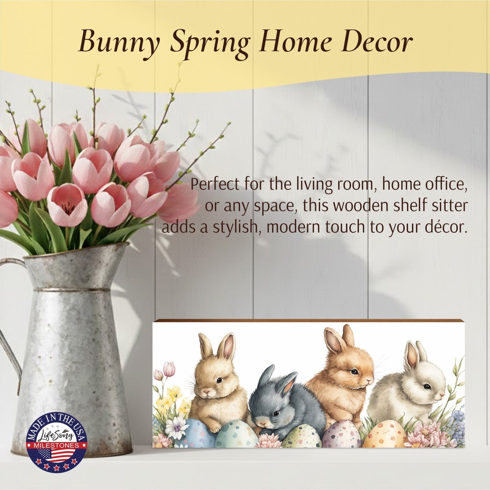 Bunny Shelf Sitter 4x10 — Wide Handcrafted Wood Easter & Spring Décor for Mantel & Console Table | Bunny Gift - LifeSong Milestones