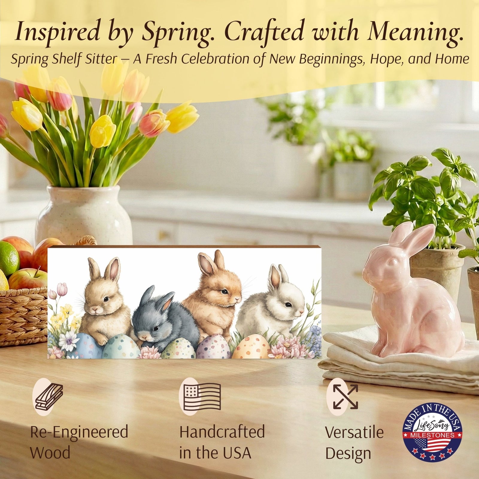 Bunny Shelf Sitter 4x10 — Wide Handcrafted Wood Easter & Spring Décor for Mantel & Console Table | Bunny Gift - LifeSong Milestones