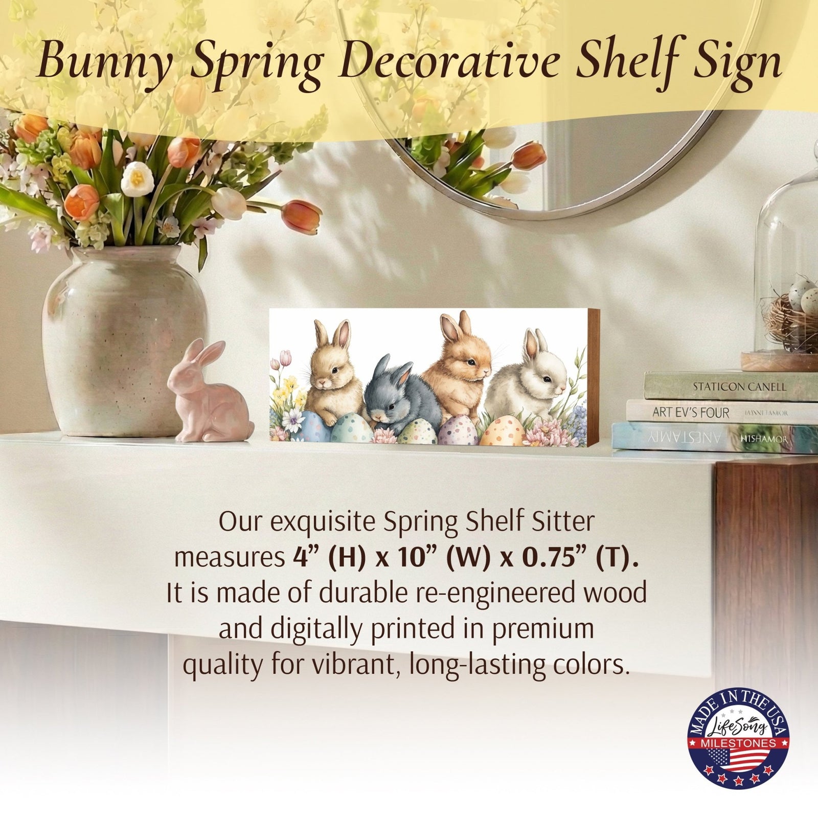 Bunny Shelf Sitter 4x10 — Wide Handcrafted Wood Easter & Spring Décor for Mantel & Console Table | Bunny Gift - LifeSong Milestones