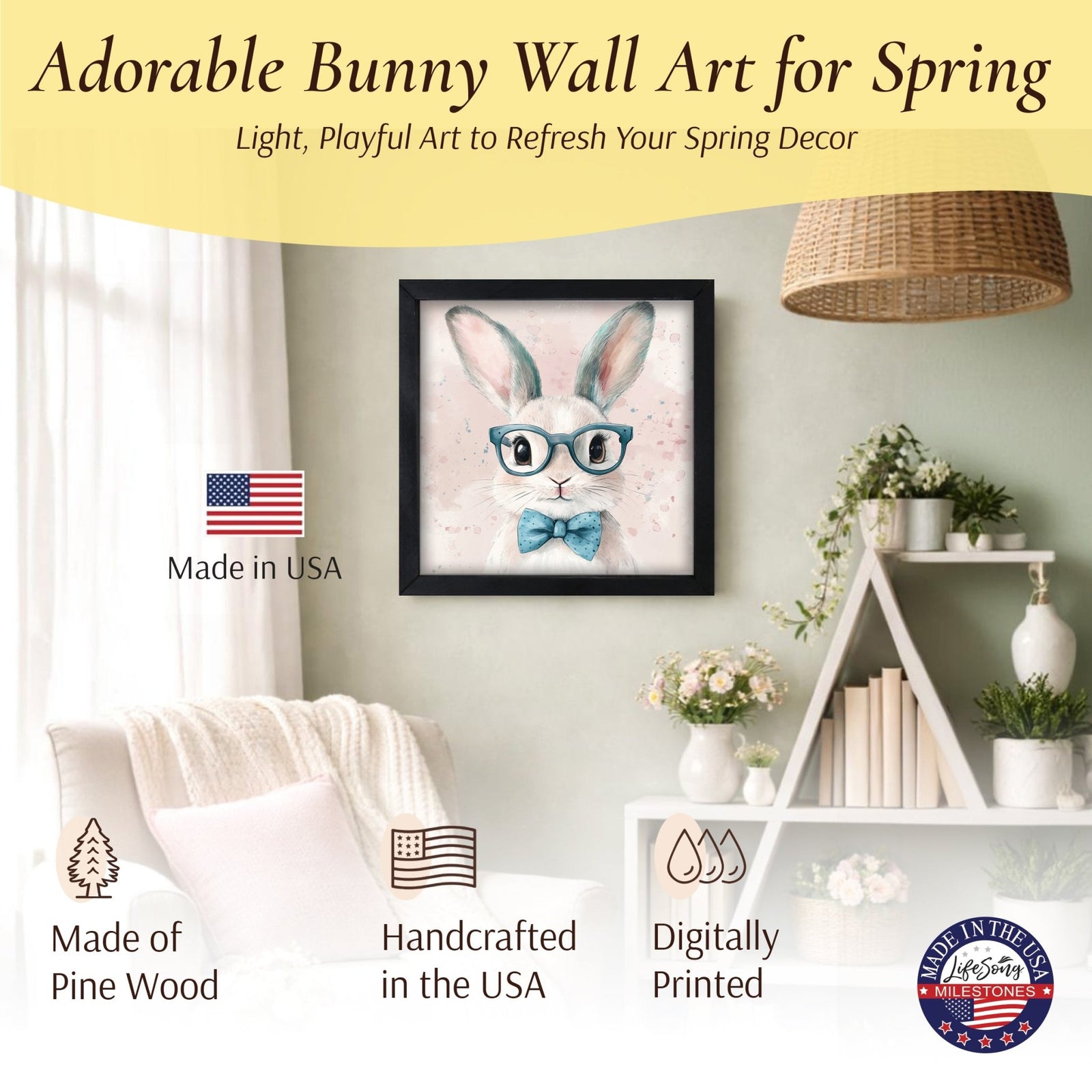 Bunny Wall Art for Home — 20x20 Handcrafted Framed Wood Sign | Easter & Spring Décor Gift - LifeSong Milestones