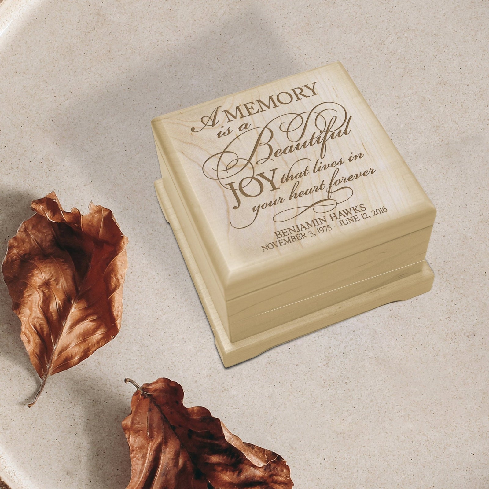 Custom Engraved Wooden Urn Box For Cherishing Ashes of Loved Ones - A Memory Is A Beautiful Joy - LifeSong Milestones