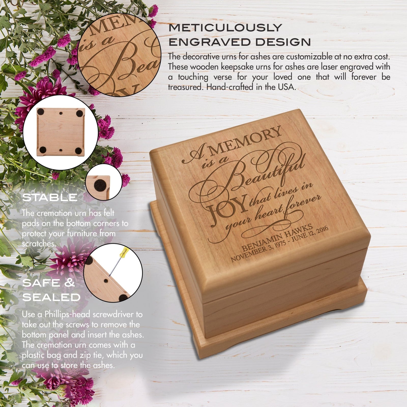 Custom Engraved Wooden Urn Box For Cherishing Ashes of Loved Ones - A Memory Is A Beautiful Joy - LifeSong Milestones