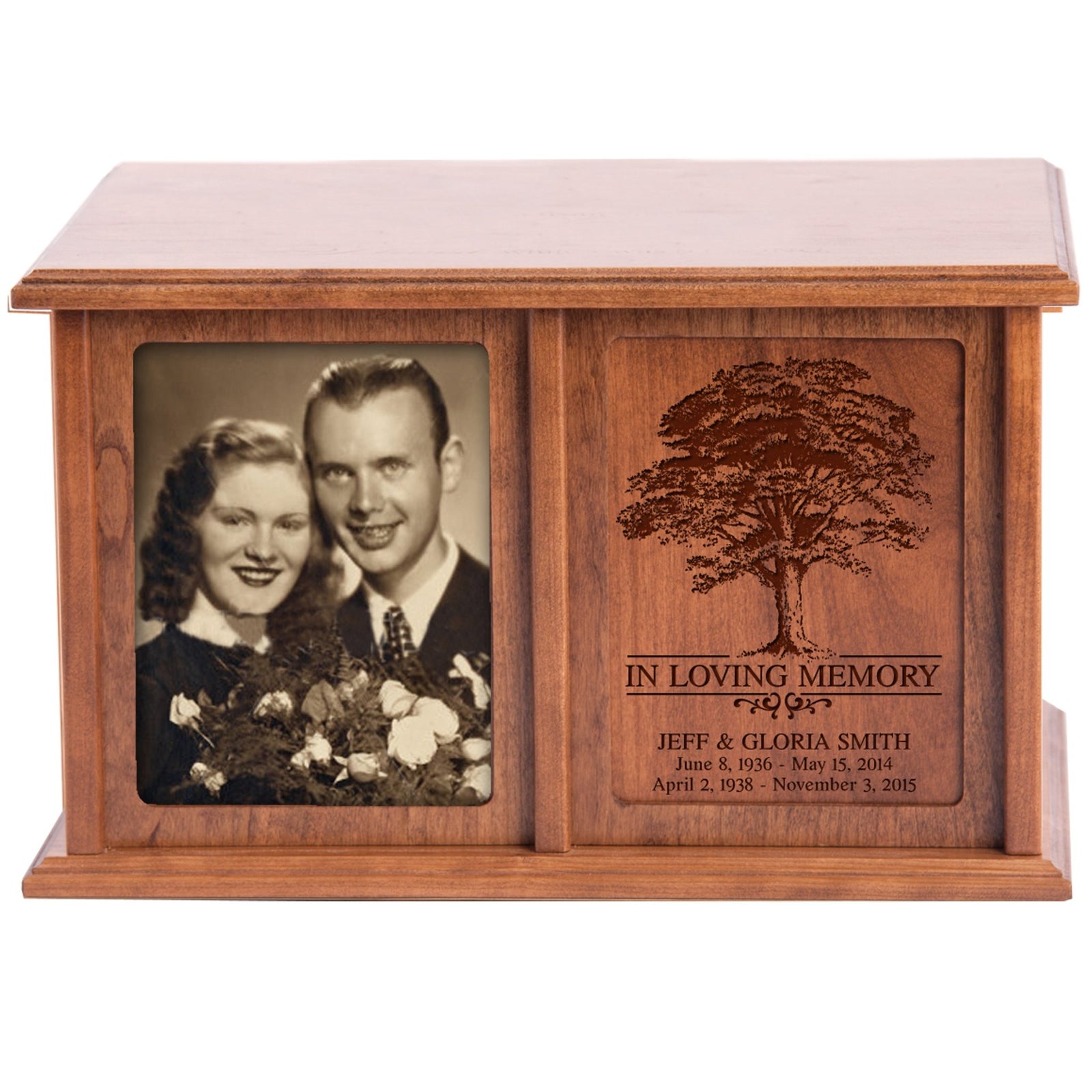 Custom Wooden Companion Urn for Two Adults – Double Cremation Urn with Photo Display - LifeSong Milestones