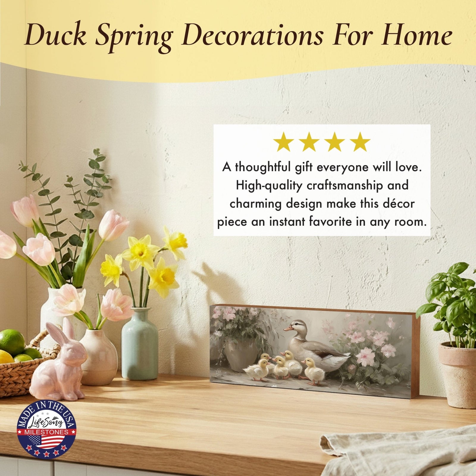 Duck Shelf Sitter 4x10 — Wide Birch Wood Spring Décor for Mantel & Console Table | Easter Gift - LifeSong Milestones