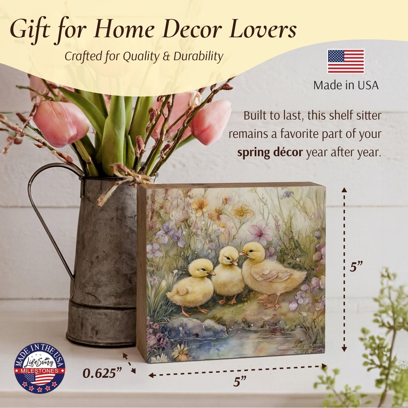 Duck Shelf Sitter 5x5 — Square Birch Wood Spring & Easter Tiered Tray Décor | USA-Made - LifeSong Milestones