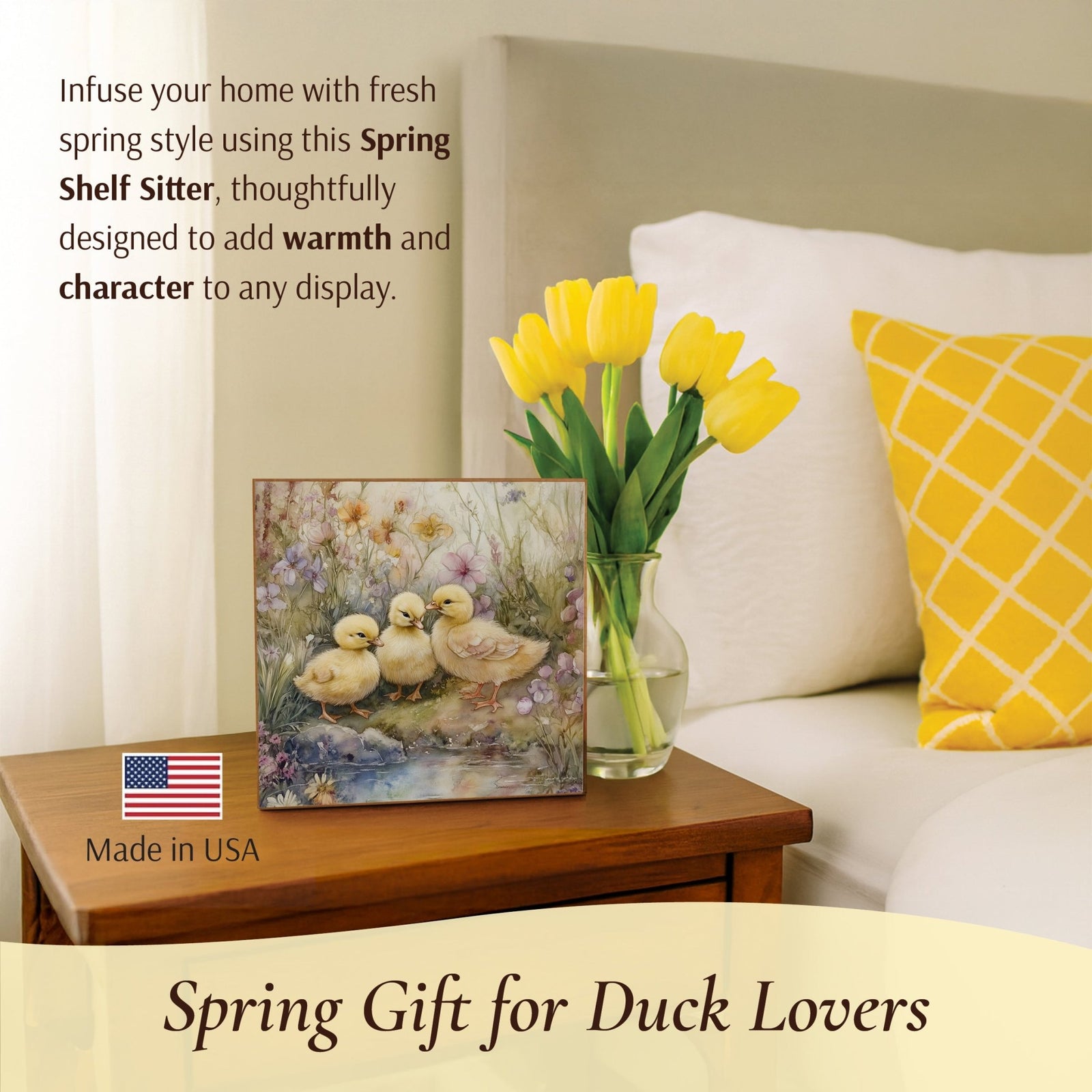 Duck Shelf Sitter 5x5 — Square Birch Wood Spring & Easter Tiered Tray Décor | USA-Made - LifeSong Milestones