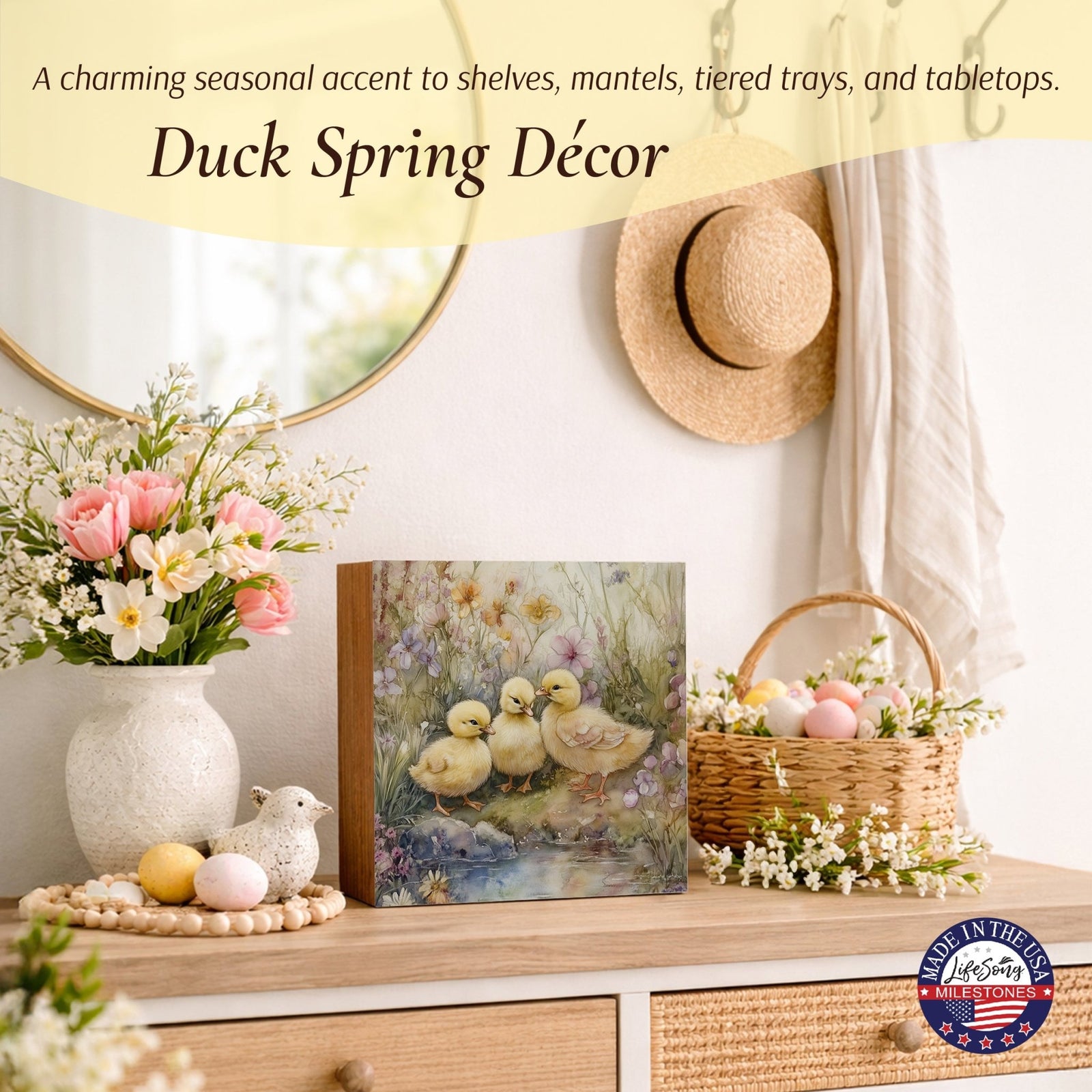 Duck Shelf Sitter 5x5 — Square Birch Wood Spring & Easter Tiered Tray Décor | USA-Made - LifeSong Milestones
