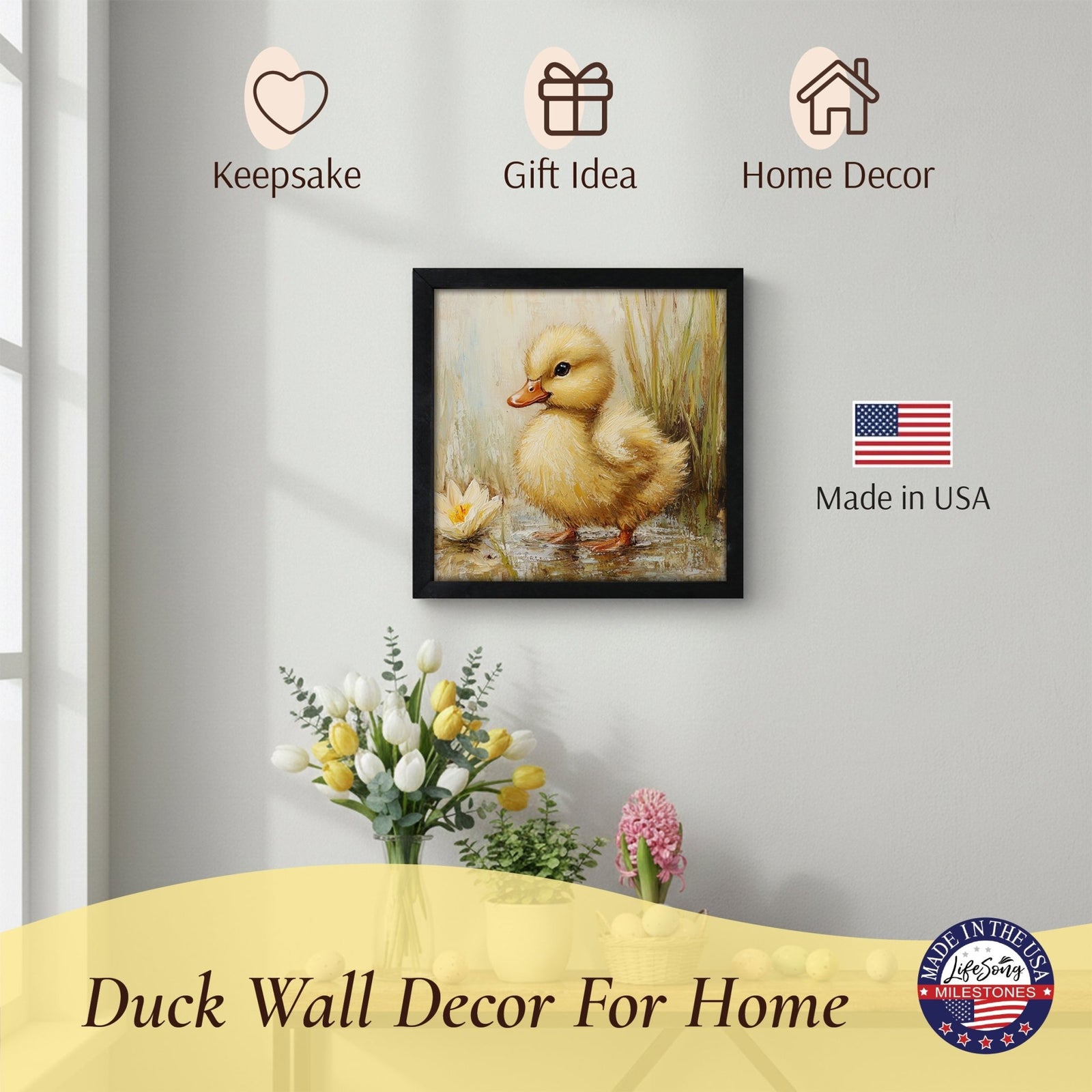 Duck Wall Art for Living Room — 20x20 Black Framed Wood Sign | Spring & Easter Home Décor Gift - LifeSong Milestones
