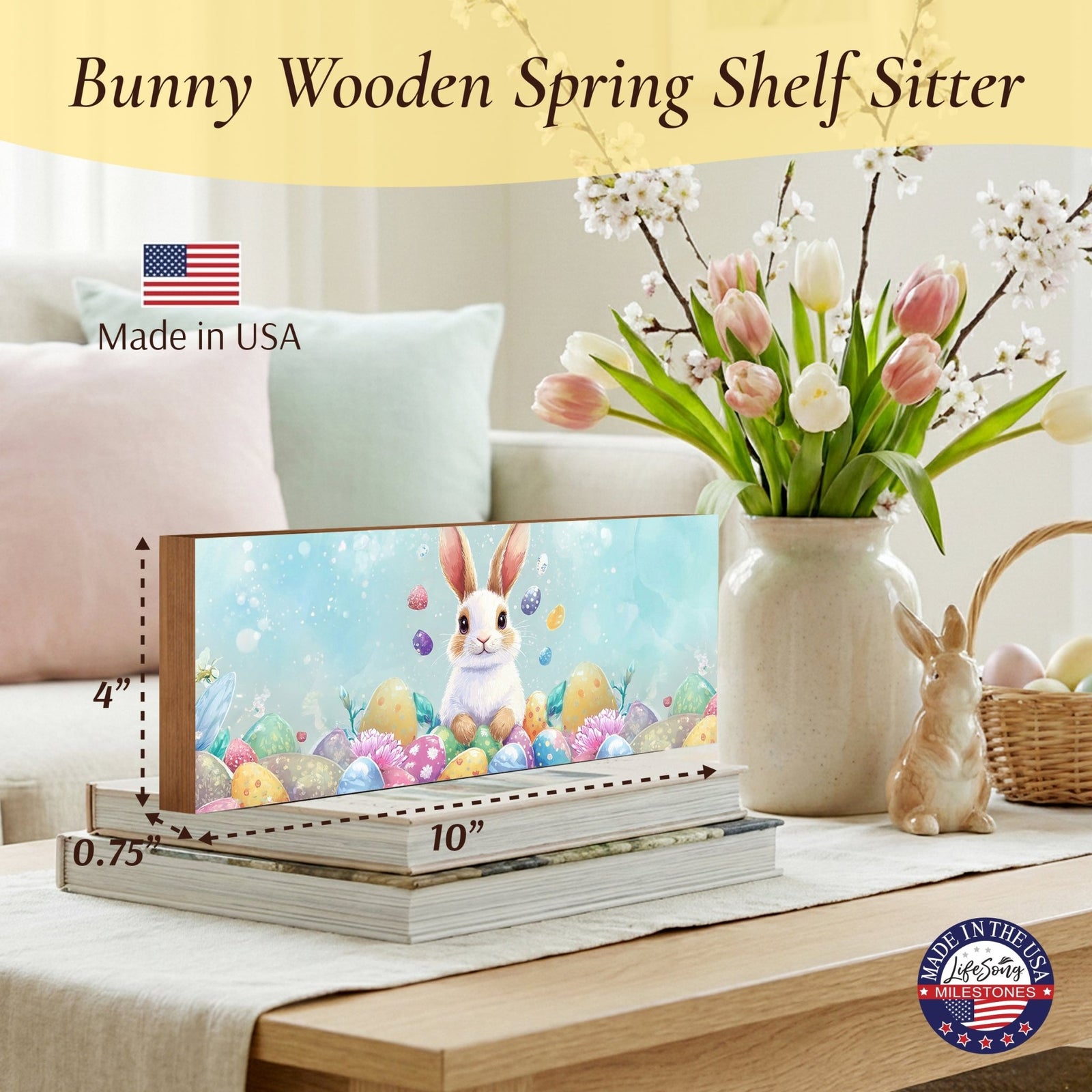Easter Bunny Shelf Sitter 4x10 — Wide Handcrafted Wood Spring Mantel Décor | Bunny Lover Gift for Her - LifeSong Milestones