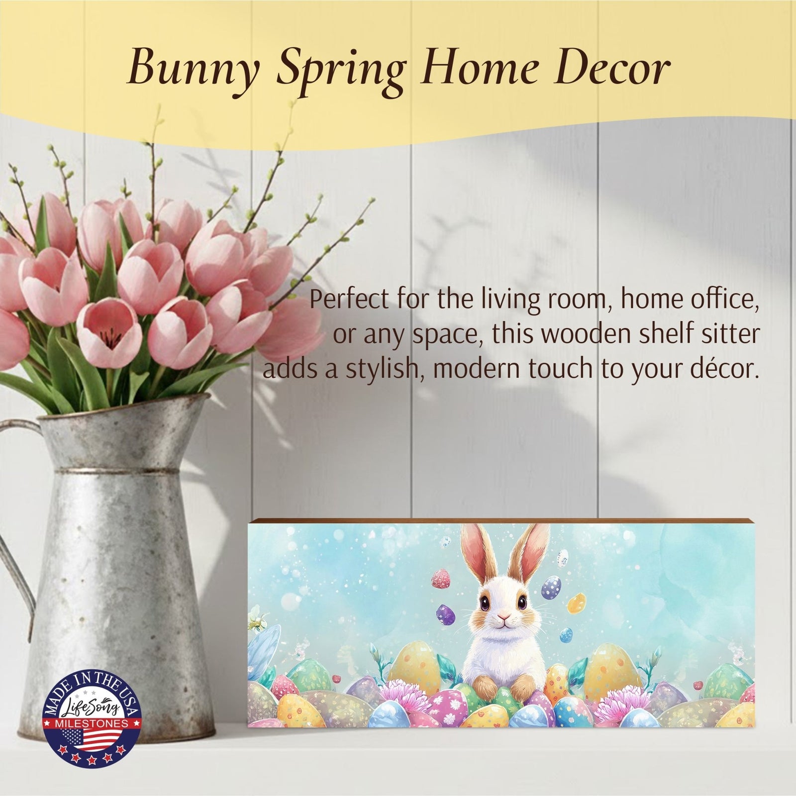 Easter Bunny Shelf Sitter 4x10 — Wide Handcrafted Wood Spring Mantel Décor | Bunny Lover Gift for Her - LifeSong Milestones