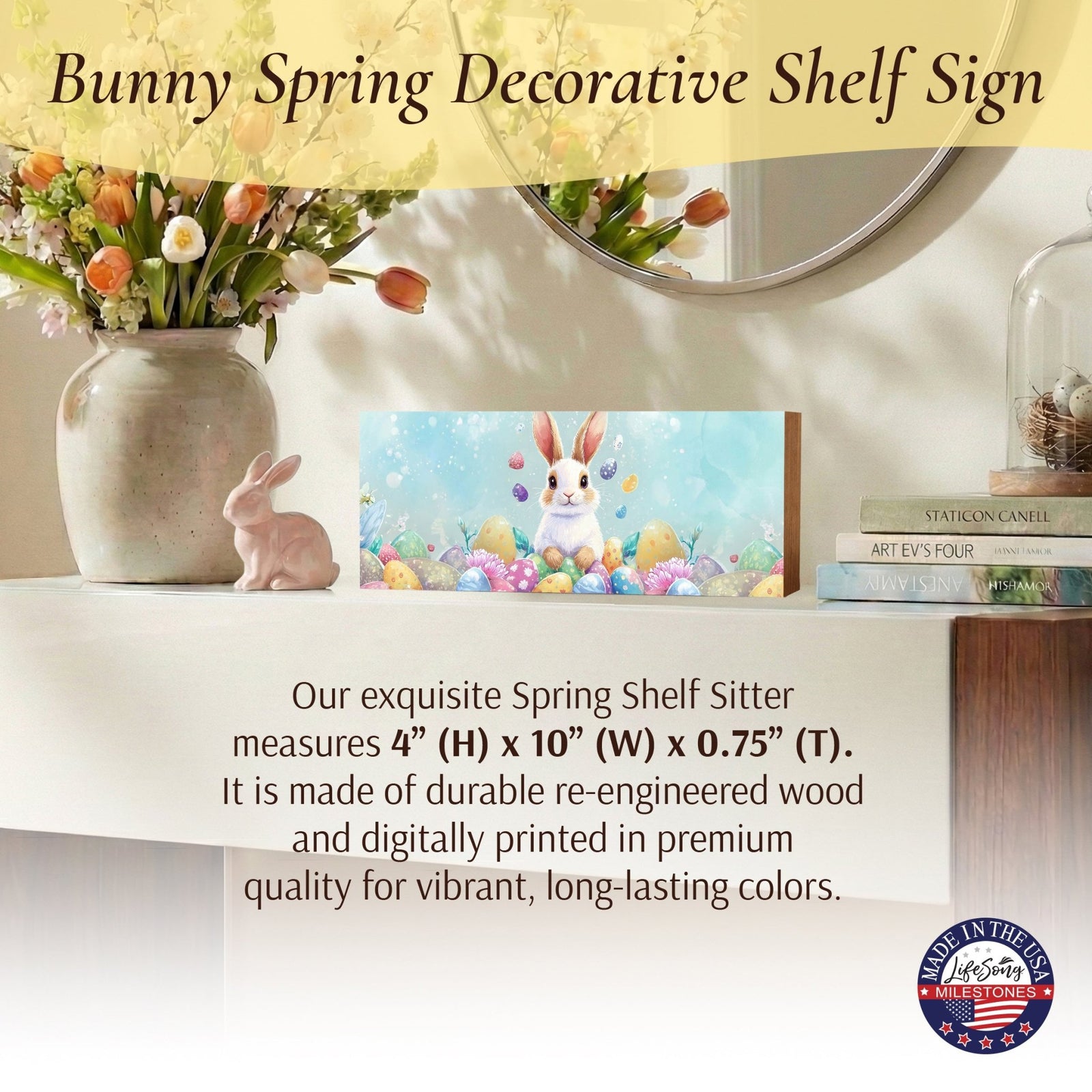 Easter Bunny Shelf Sitter 4x10 — Wide Handcrafted Wood Spring Mantel Décor | Bunny Lover Gift for Her - LifeSong Milestones