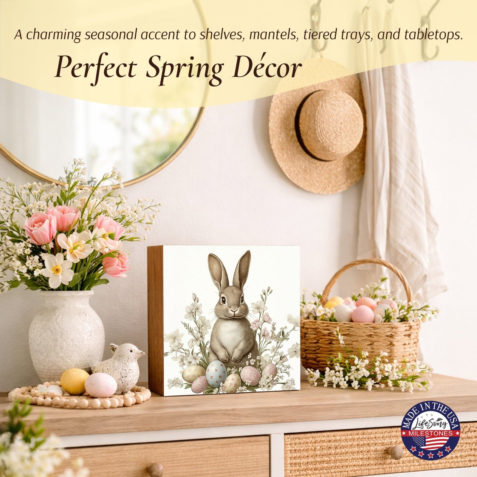 Easter Bunny Shelf Sitter 5x5 — Handcrafted Birch Wood Spring Tiered Tray Décor | Bunny Lover Gift - LifeSong Milestones