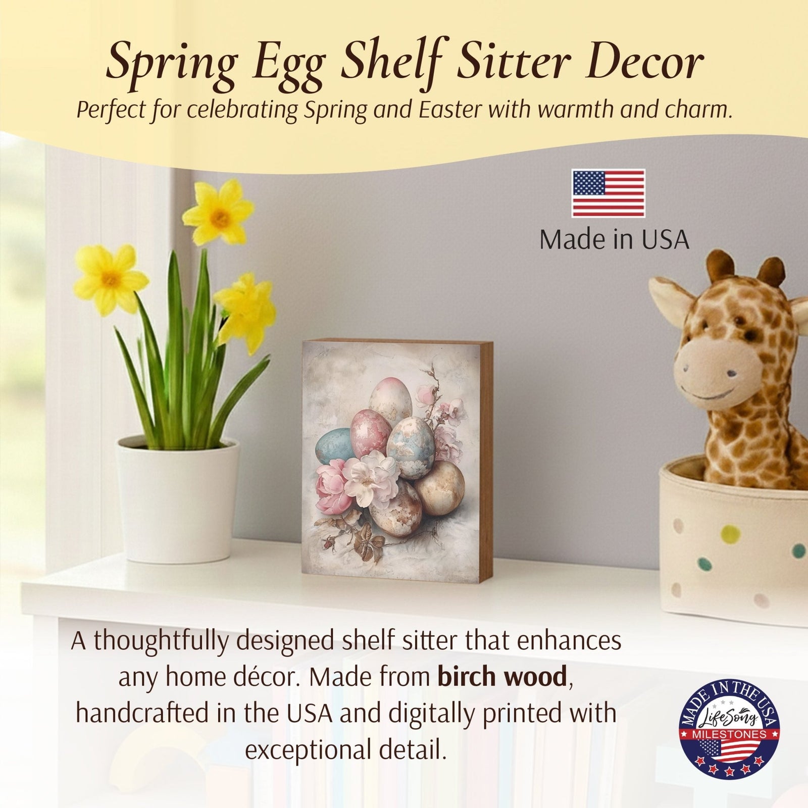 Easter Egg Shelf Sitter 4.5x6 — Handcrafted Birch Wood Spring & Easter Décor | Easter Gift for Her - LifeSong Milestones