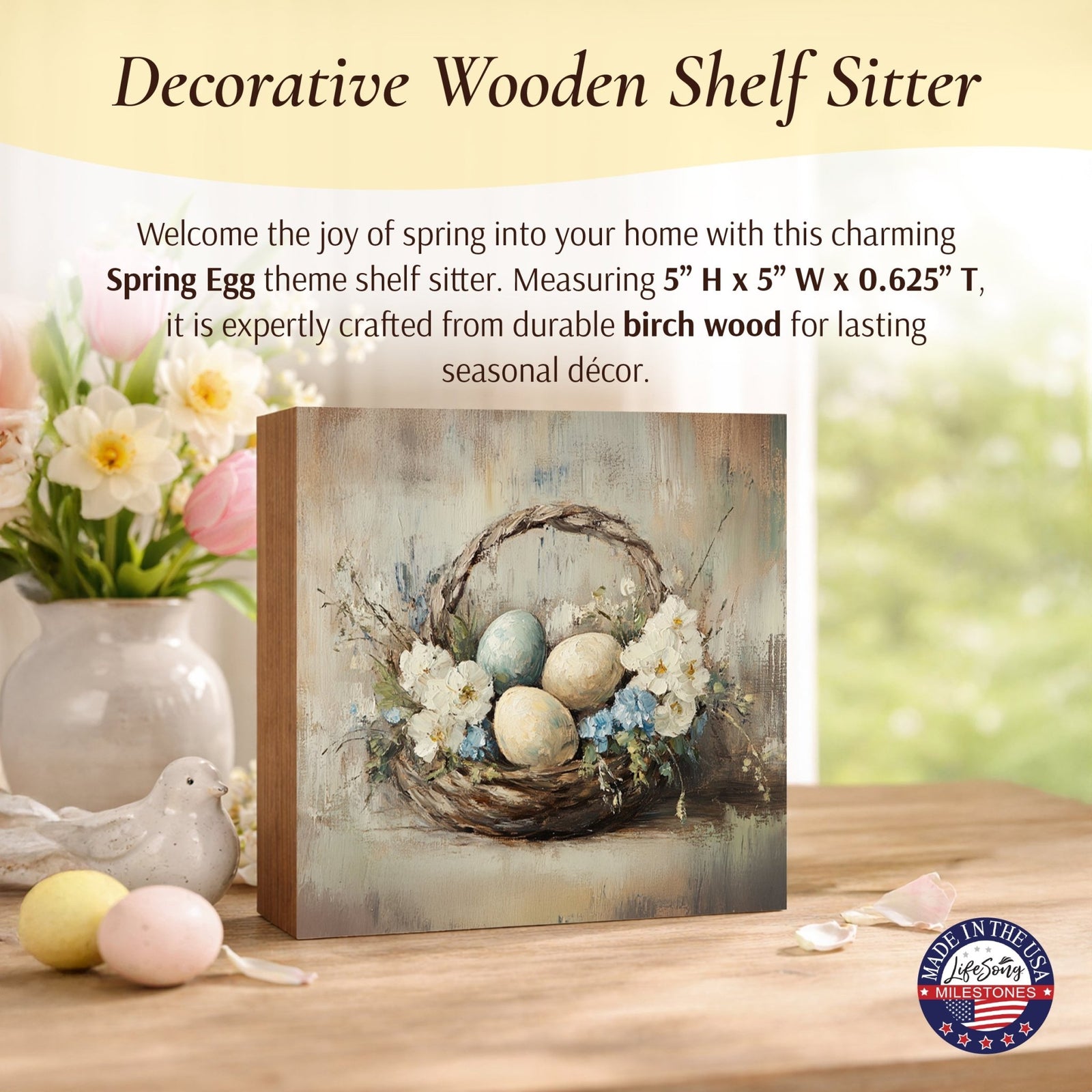Easter Egg Shelf Sitter 5x5 — Handcrafted Birch Wood Spring Tiered Tray Décor | Easter Gift - LifeSong Milestones