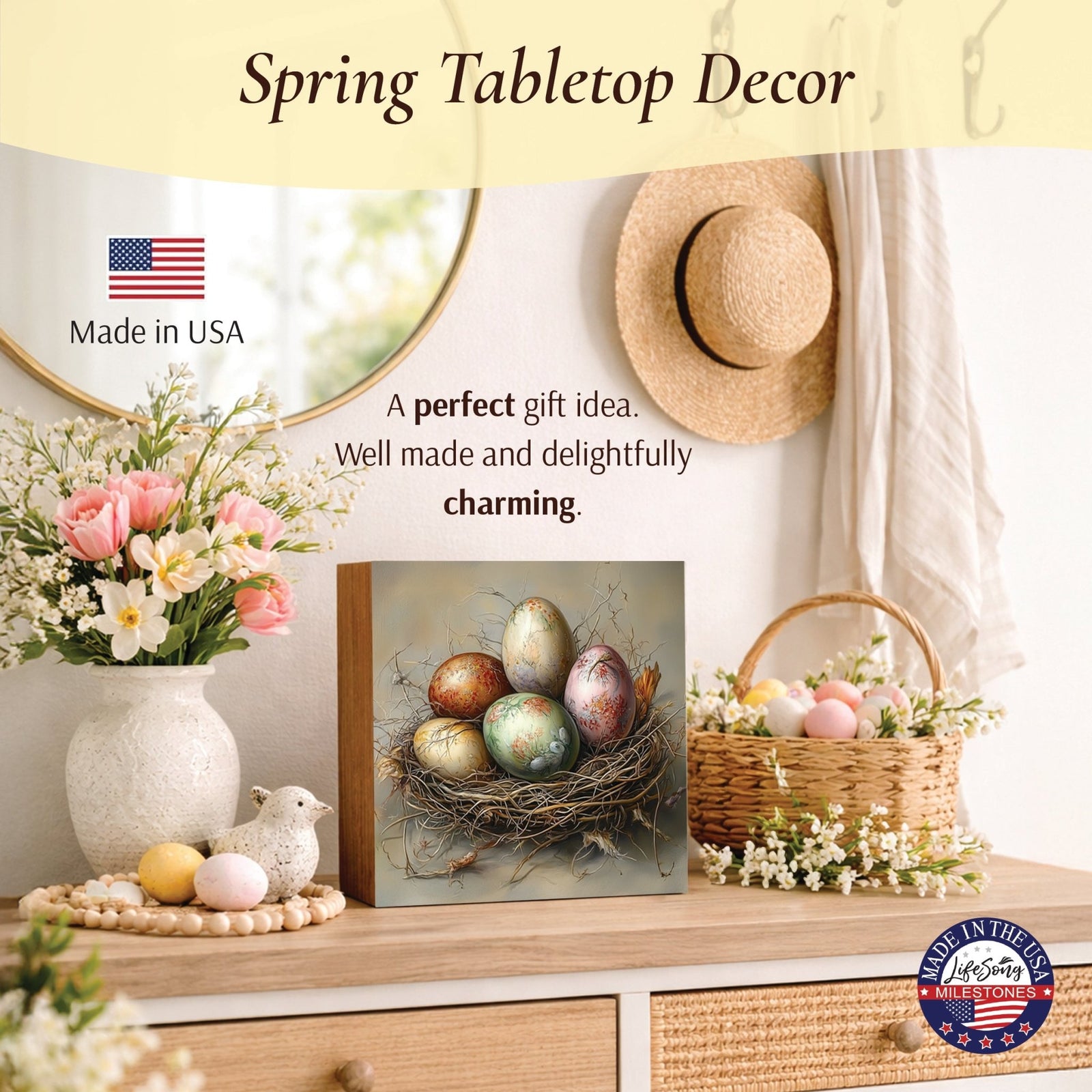 Easter Egg Shelf Sitter 5x5 — Handcrafted Birch Wood Spring Tiered Tray Décor | Easter Gift - LifeSong Milestones