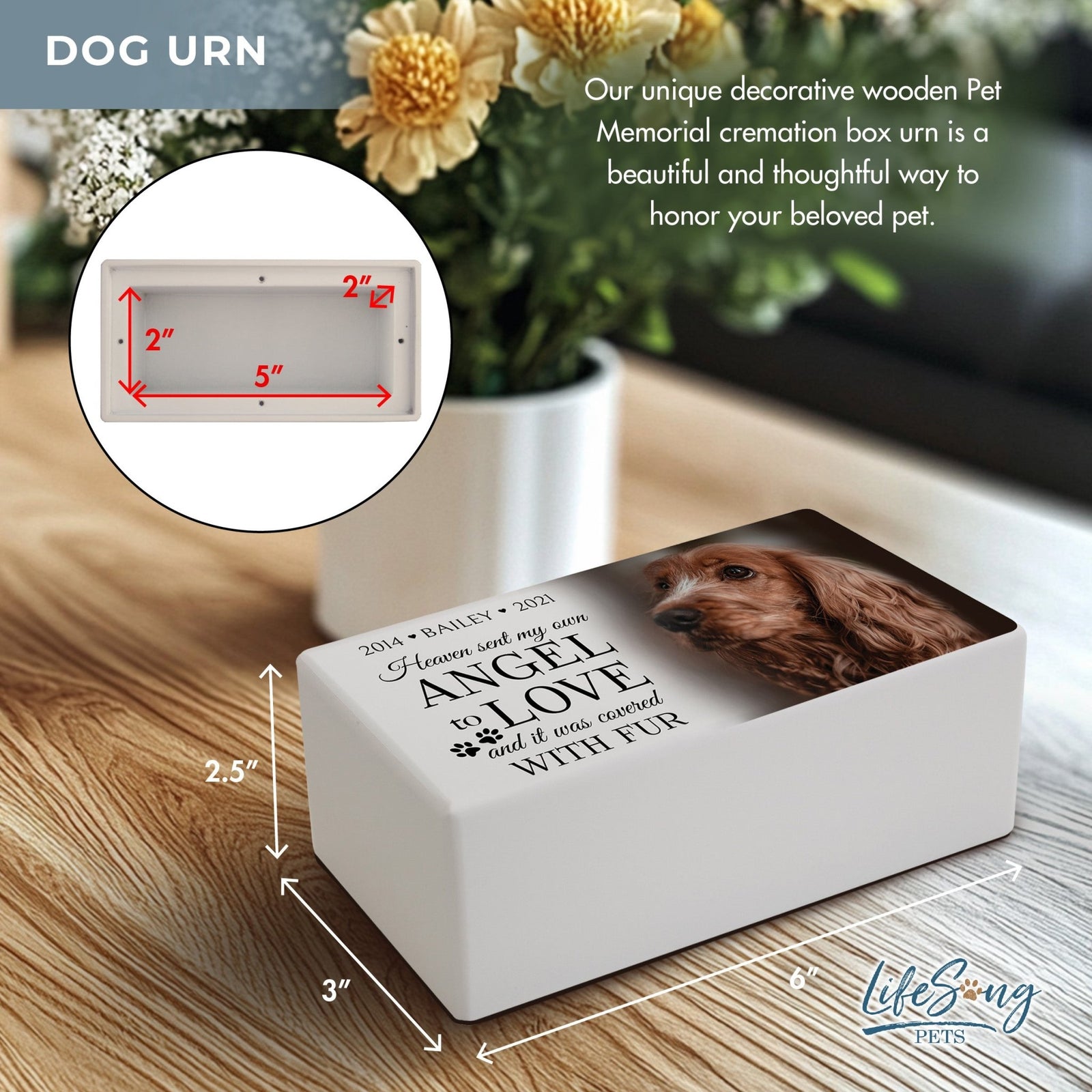 Eco - Friendly Personalized Pet Urn with Engraved Photo Memorial Box for Ashes - Heaven Sent - LifeSong Milestones