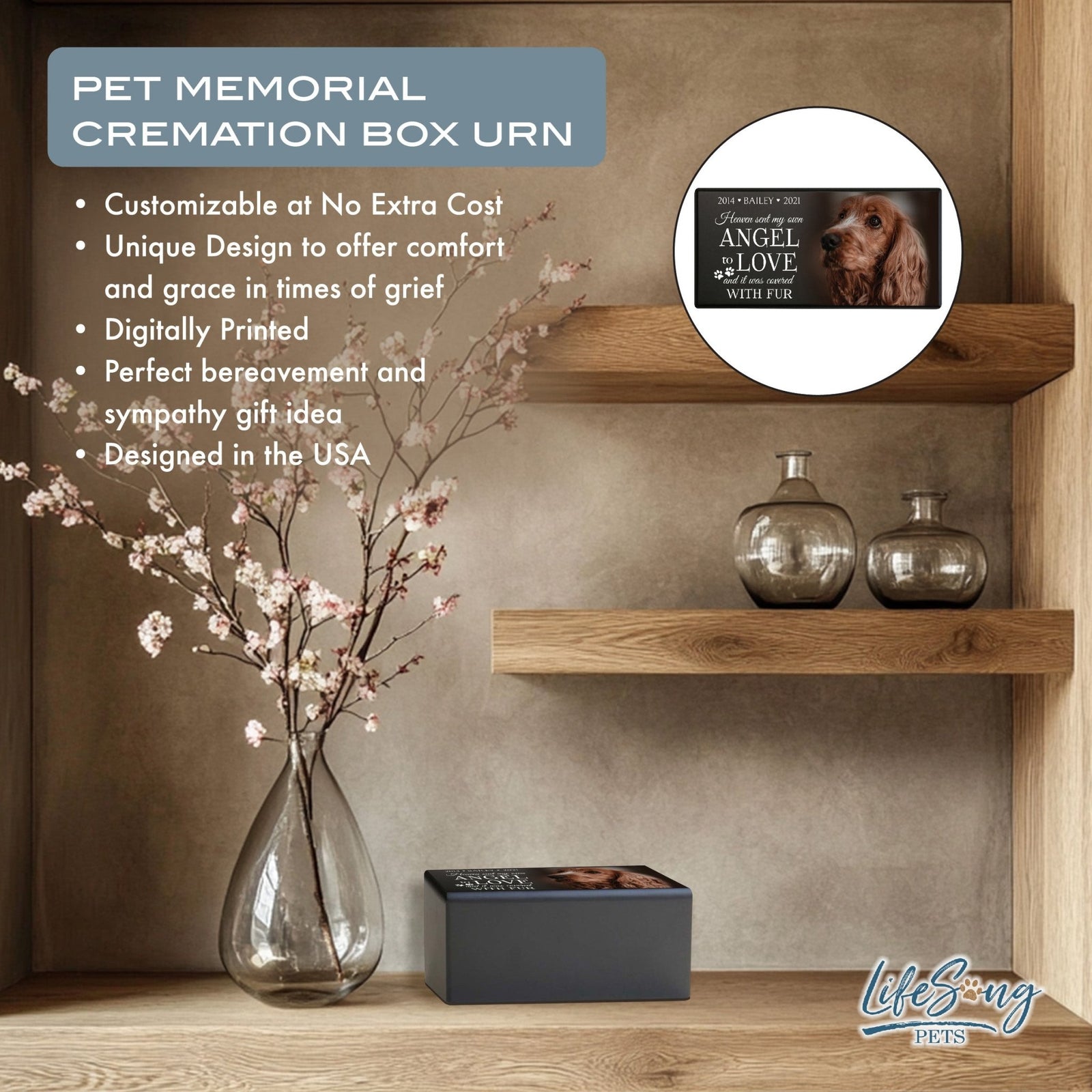 Eco - Friendly Personalized Pet Urn with Engraved Photo Memorial Box for Ashes - Heaven Sent - LifeSong Milestones