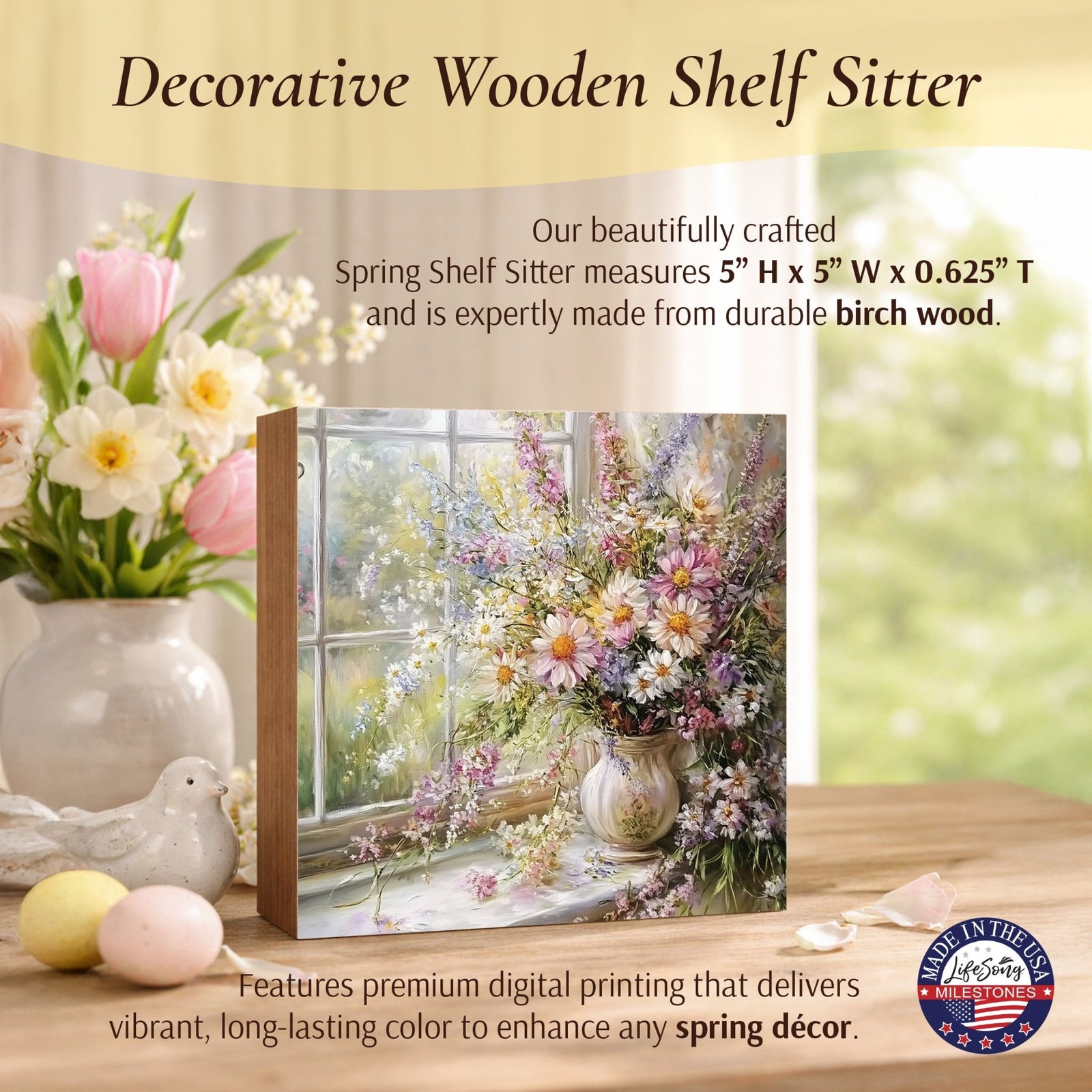 Floral Shelf Sitter 5x5 — Handcrafted Birch Wood Flower Décor for Tiered Tray & Shelf | Gift for Her - LifeSong Milestones