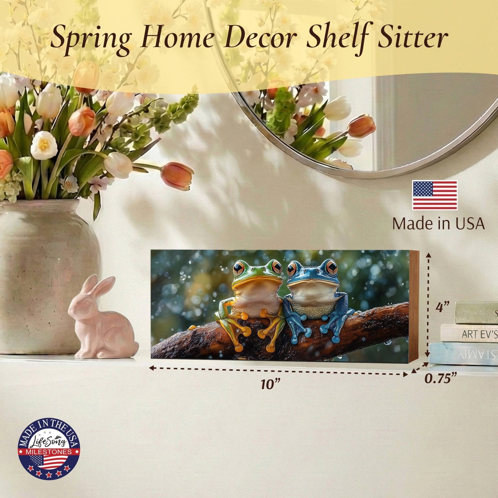 Frog Shelf Sitter 4x10 — Wide USA-Made Wood Nature Décor for Mantel & Console Table | Frog Gift - LifeSong Milestones