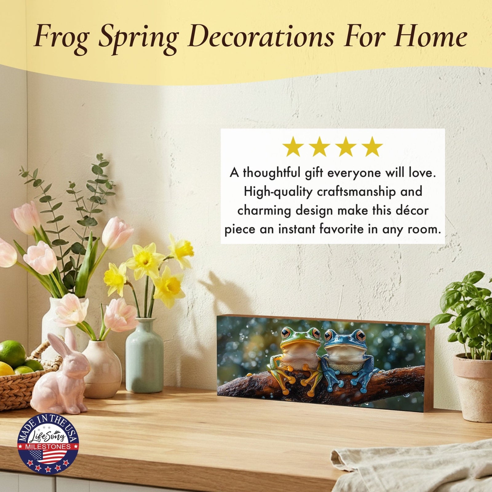 Frog Shelf Sitter 4x10 — Wide USA-Made Wood Nature Décor for Mantel & Console Table | Frog Gift - LifeSong Milestones