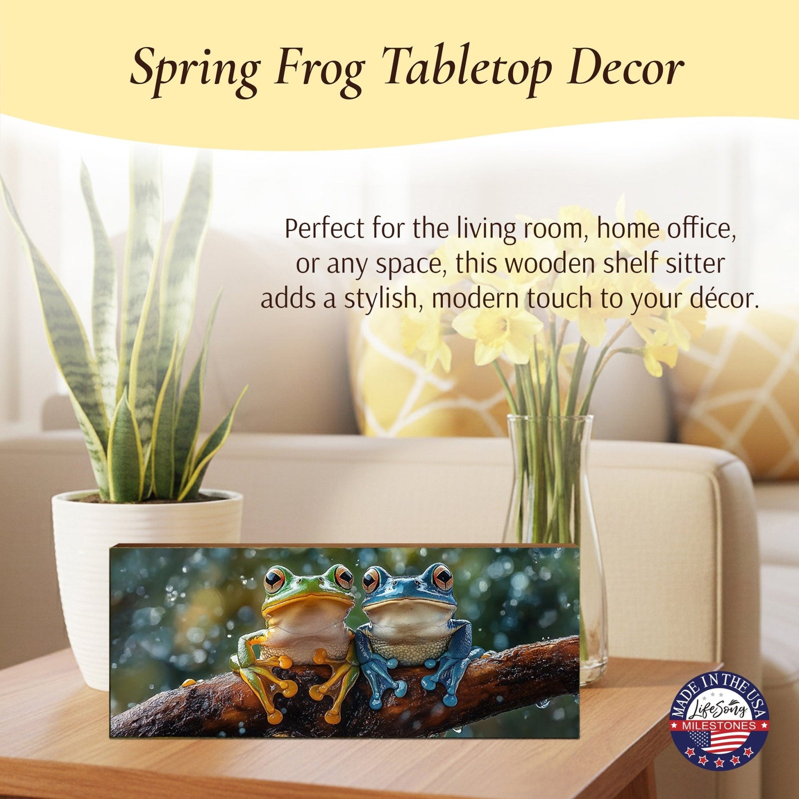 Frog Shelf Sitter 4x10 — Wide USA-Made Wood Nature Décor for Mantel & Console Table | Frog Gift - LifeSong Milestones