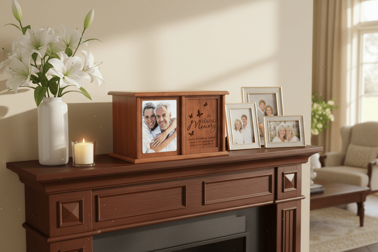 In Loving Memory Butterfly Companion Urn – Personalized Cherry Wood Double Cremation Urn with 5x7 Photo Frame | USA Made - LifeSong Milestones