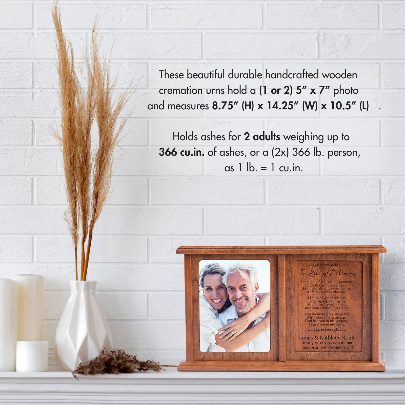 In Loving Memory Companion Urn – Personalized Cherry Wood Double Cremation Urn with Glass-Protected 5x7 Photo Frame | USA Made - LifeSong Milestones