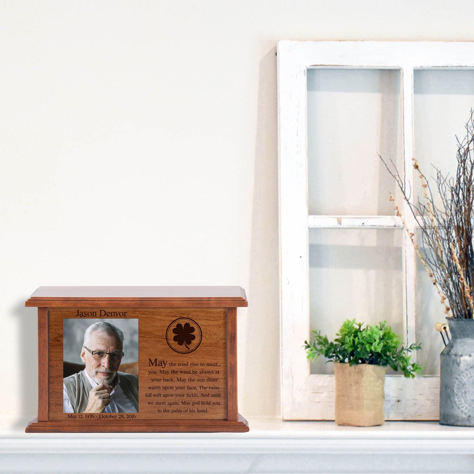 Large Custom Engraved Irish Funeral Photo Urn Box in Cherry Wood - May The Road Rise - LifeSong Milestones