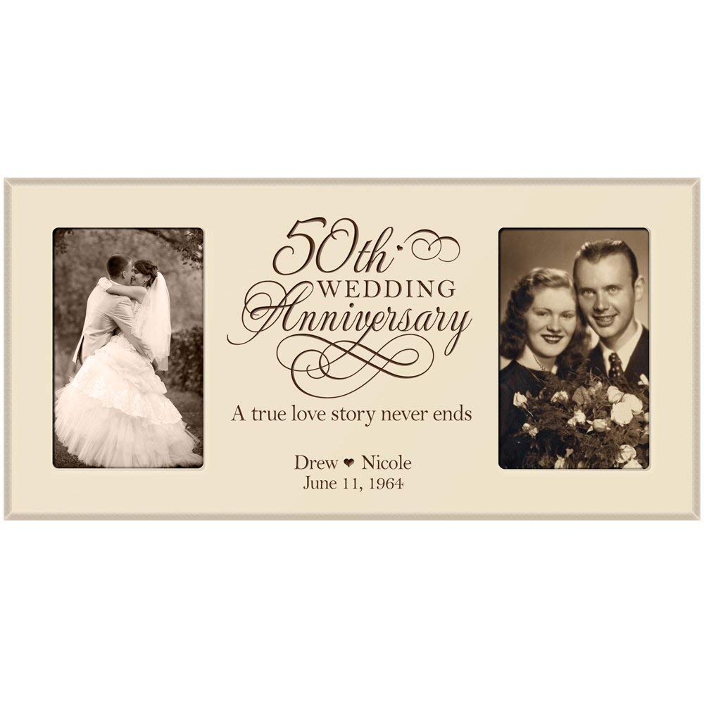 Ivory wood 50th anniversary double photo frame holding two 4×6 vertical photos, ‘A True Love Story’ design
