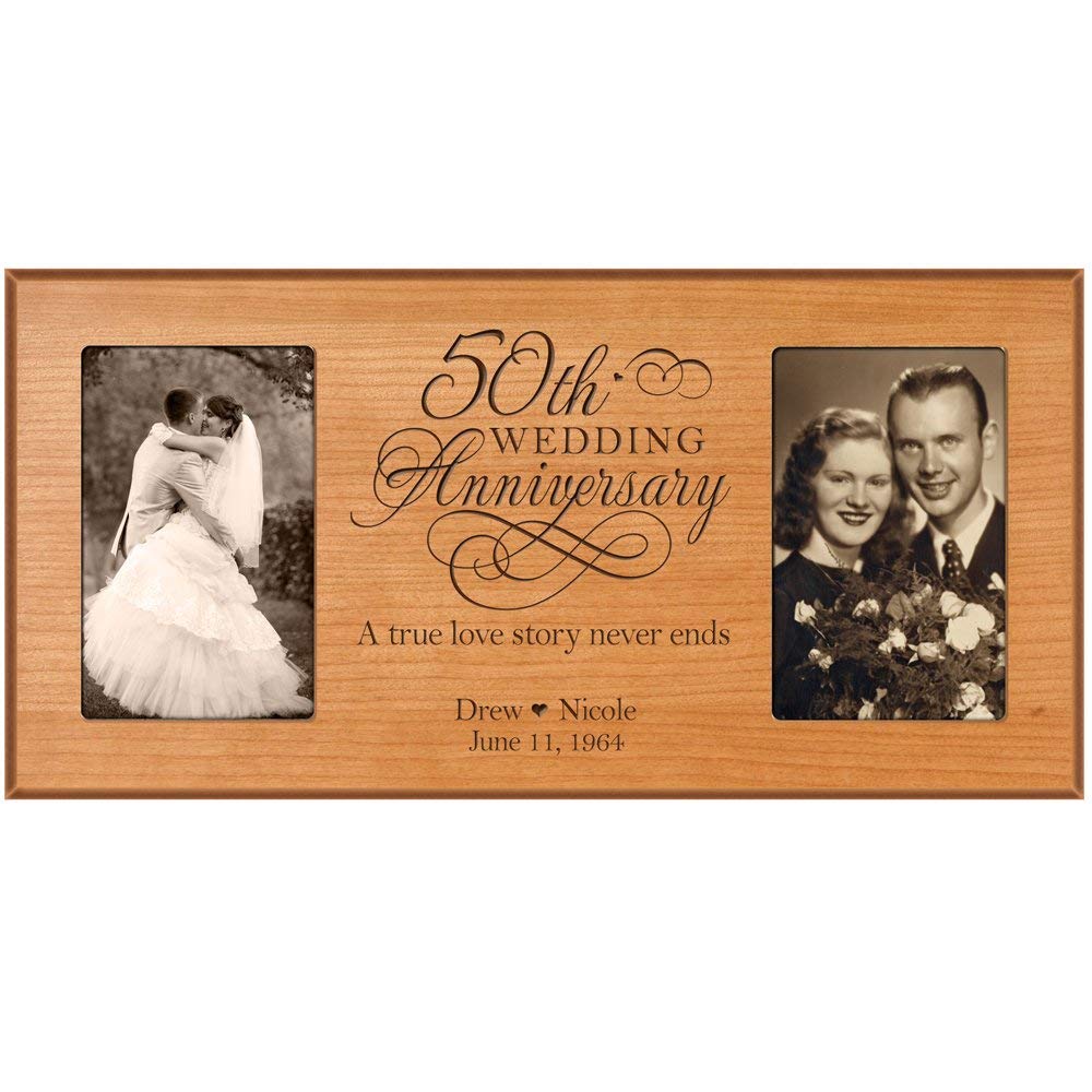 Cherry finish 50th wedding anniversary double picture frame by LifeSong Milestones – golden anniversary gift for couples