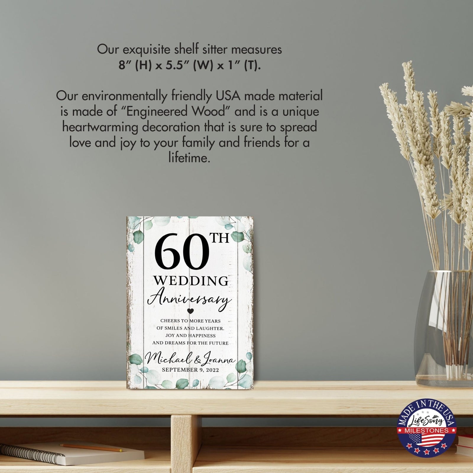 Personalized 60th Wedding Anniversary Unique Shelf Décor and Tabletop Signs - Cheers To More Years - LifeSong Milestones