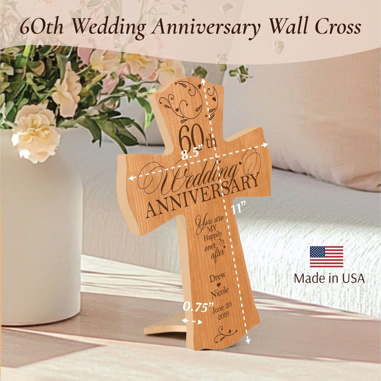 Personalized 60th Wedding Anniversary Wall Cross – "You Are My Happily Ever After" | Diamond Anniversary Gift - LifeSong Milestones