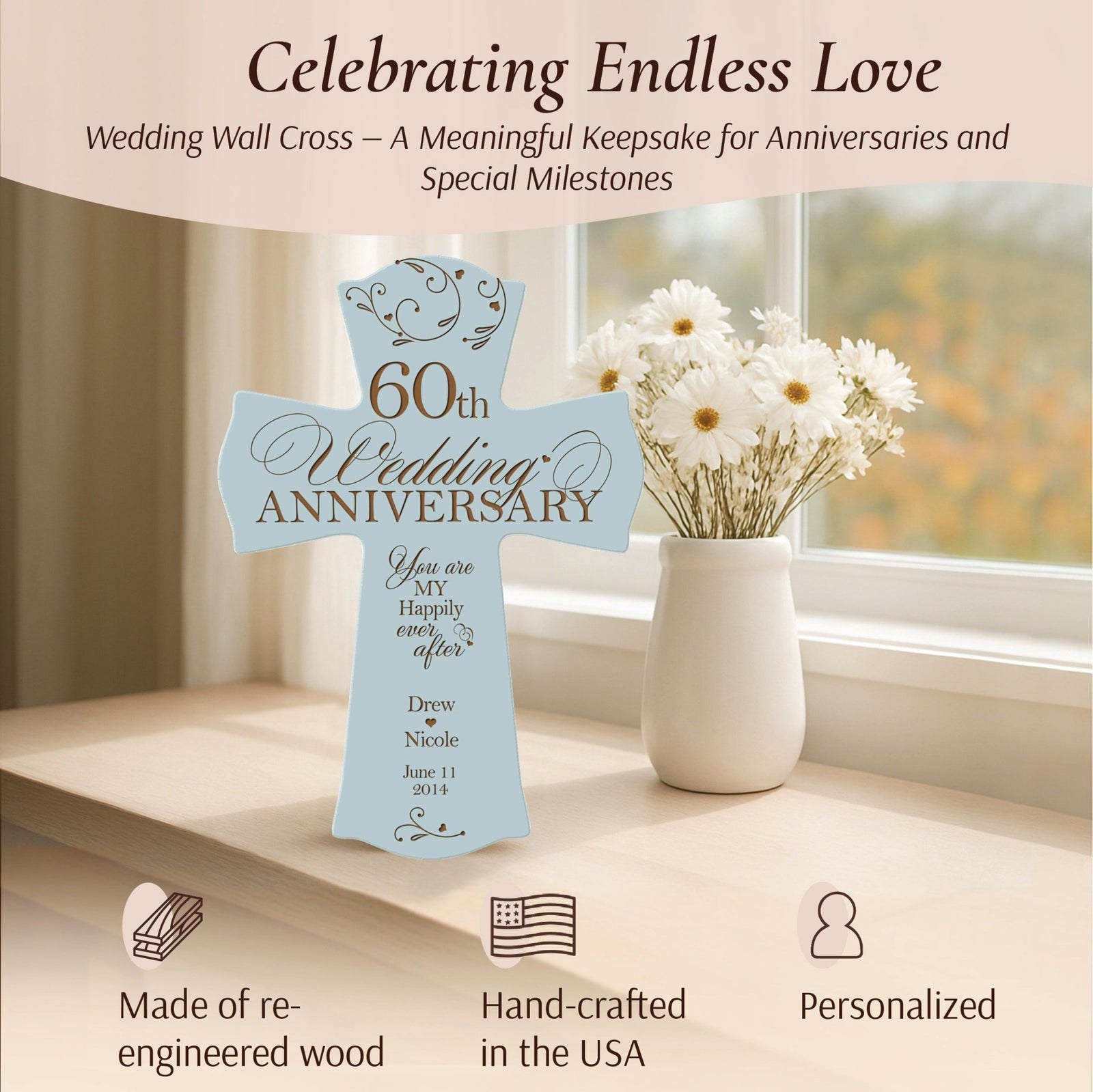 Personalized 60th Wedding Anniversary Wall Cross – "You Are My Happily Ever After" | Diamond Anniversary Gift - LifeSong Milestones